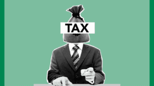 Man with a money bag for a head with Tax written over the top pointing at the screen. Making tax digital ITSA is coming soon.