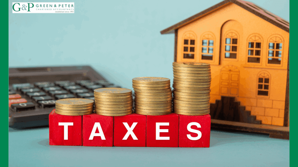 Property exit strategies for reducing taxes. A pile of coins on red blocks spelling out TAXES next to a model of a house and a calculator